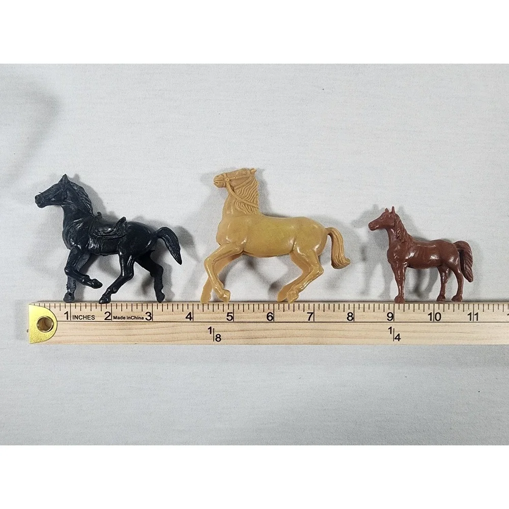 Vintage Tim-Mee Horse Figurine Set Processed Plastic 3pc Black Brown Tan